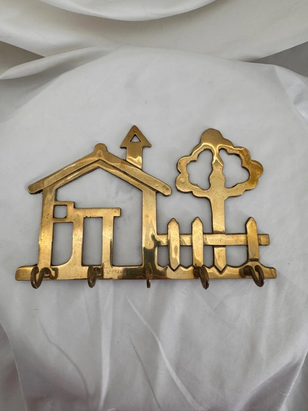 Vintage Brass Cottagecore House & Tree Wall Hook Entryway Decor Key Holder MCM